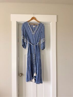Shoshanna Blue & White Striped V-Neck Tiered Midi Dress with Tassel Belt